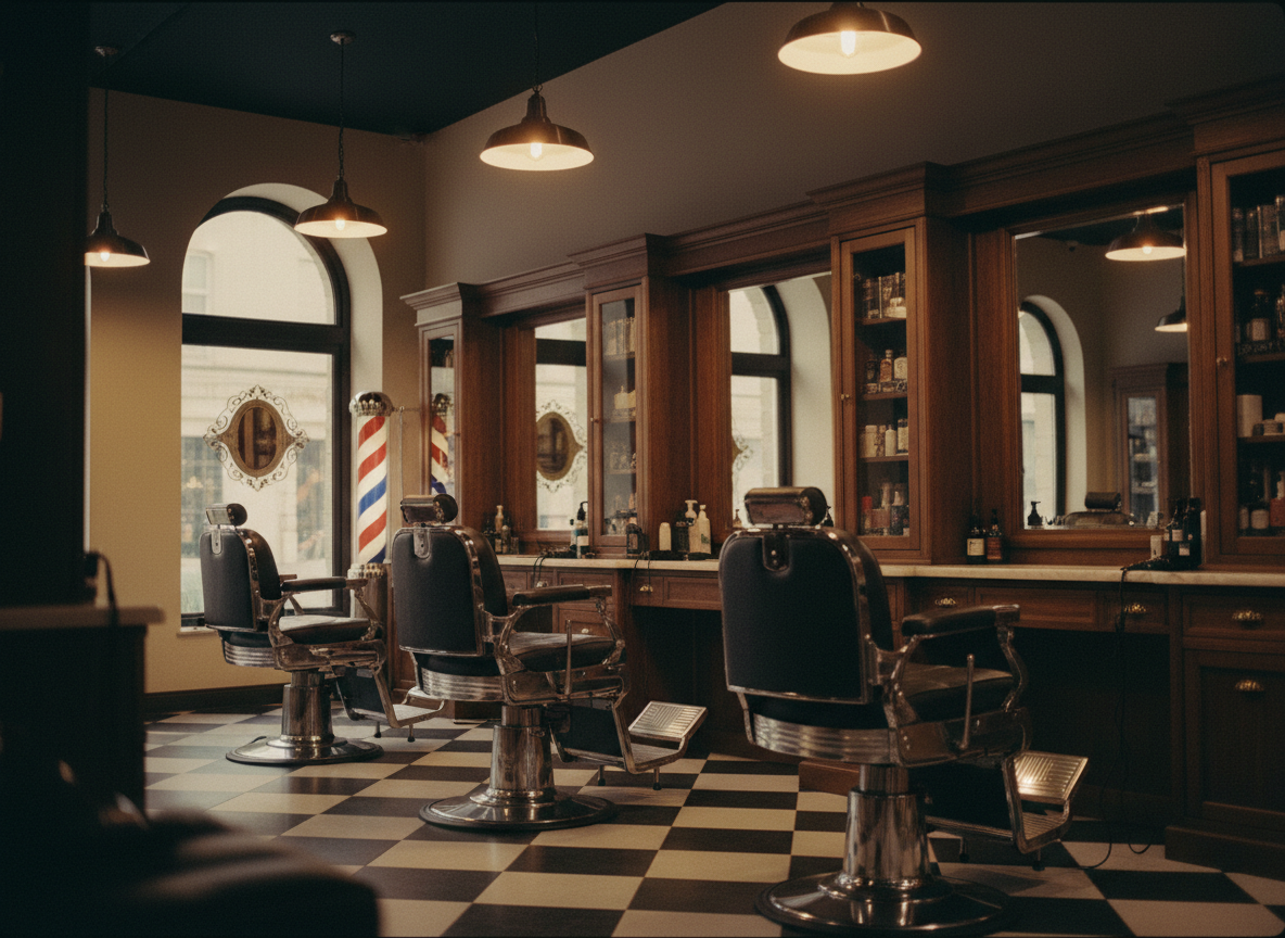 Luxury barbershop interior with dark leather chairs and vintage wood cabinetry